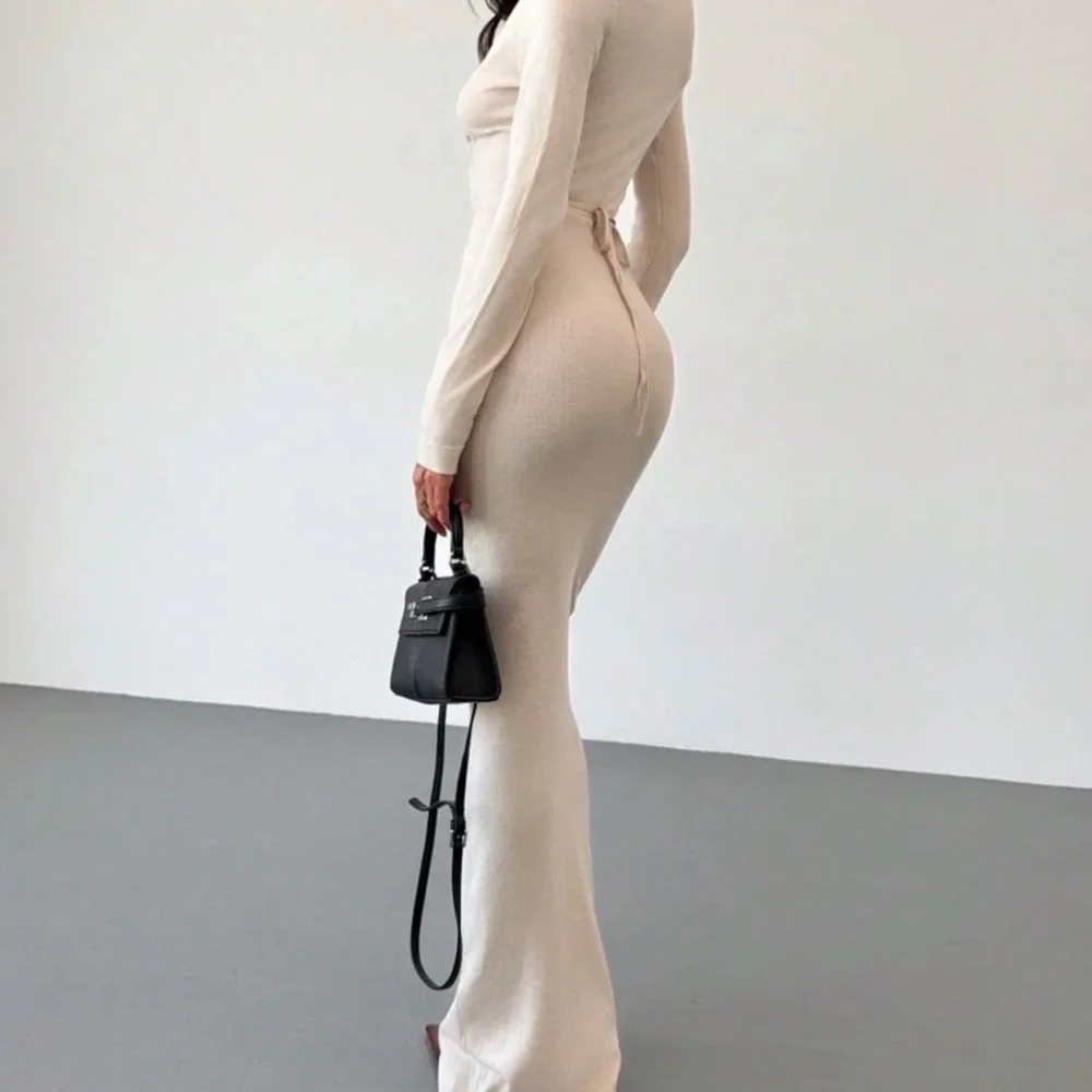 Elegant Cream Long Sleeve Dress - Picture 2 of 6